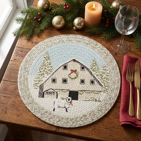 Christmas Barn single braided placemat lifestyle image
