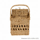 Cinthia Hyacinth Wine Basket Caddy front view, natural tan woven water hyacinth with open lattice weave pattern and arched handle, white background with dimensions