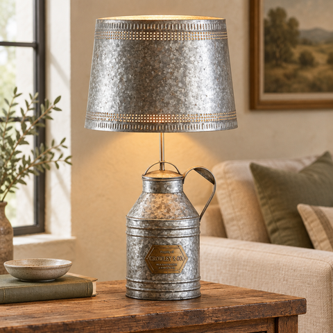 Crowley & Co. Antique Milk Can Lamp in a farmhouse living room