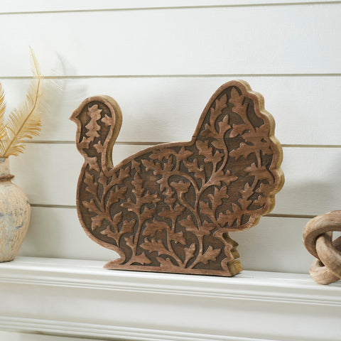 Dark Wooden Harvest Leaf Carved Turkey-Lange General Store