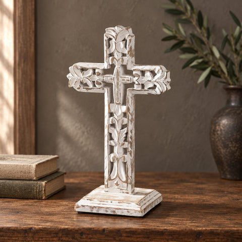 Distressed White Ornate Wooden Cross