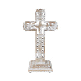 Distressed White Ornate Wooden Cross w/ Base-Lange General Store