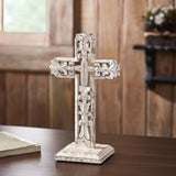 Distressed White Ornate Wooden Cross w/ Base-Lange General Store