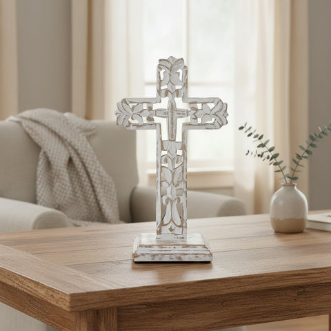 Distressed White Ornate Wooden Cross-Lange General Store