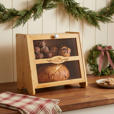 Double Layer Farmhouse Bread Box in a Christmas kitchen