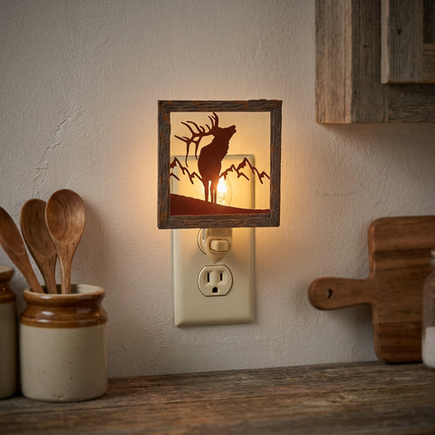 Elk Night Light in a rustic kitchen