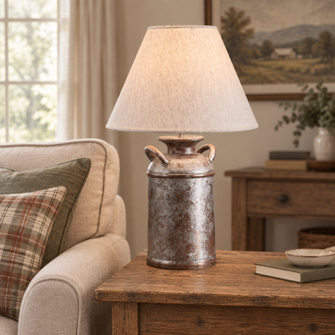 Rustic Milk Can Lamp in a cozy farmhouse living room