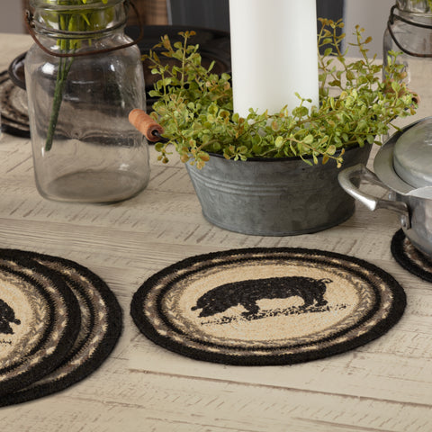 Farmstead Charcoal Pig Braided Trivet 8" Set of 3