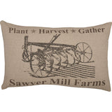 Farmstead Charcoal Plow Harvest Throw Pillow 22x14 front view on white background showing full distressed plow stencil with Plant Harvest Gather text and country stars on khaki cotton