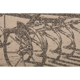 Close-up macro of distressed charcoal farm plow stencil on khaki cotton fabric of the Farmstead Charcoal Plow Harvest Throw Pillow showing hand-printed texture detail