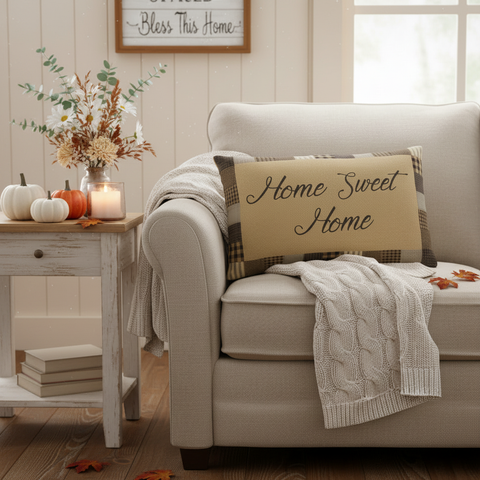 Home Sweet Home pillow styled with fall accents