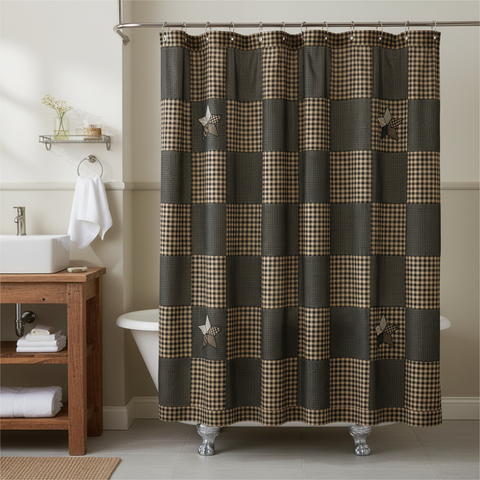 Square lifestyle image of the farmhouse star shower curtain