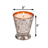 Fleur de Lys Tangerine Tumbler Hand-Poured Soy Scented Candle in a textured, silver-toned glass cup with a warm tangerine copper rim, shown with dimension arrows and labels indicating a width of 3 inches and a height of 5 inches on a white background.