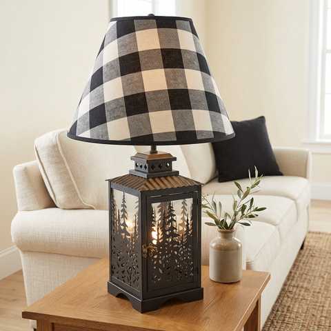 Forest Tops lantern lamp with Buffalo Black and White Check shade