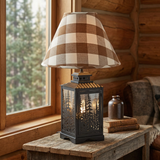 Forest Tops lamp with Buffalo Brown Check shade in a rustic cabin