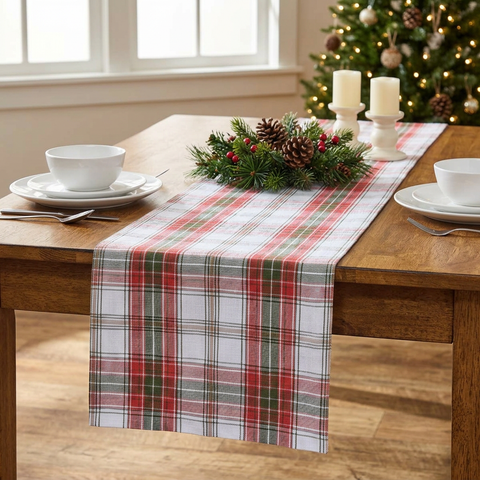 Fraser Plaid Table Runner in a Christmas dining setting