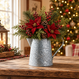 Galvanized Metal Vintage Garden Bird Pitcher with Christmas florals in a farmhouse setting