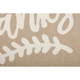 Close-up of cream appliqué lettering and leaf sprig motif on natural tan cotton chambray fabric of the Graycie Give Thanks Pillow