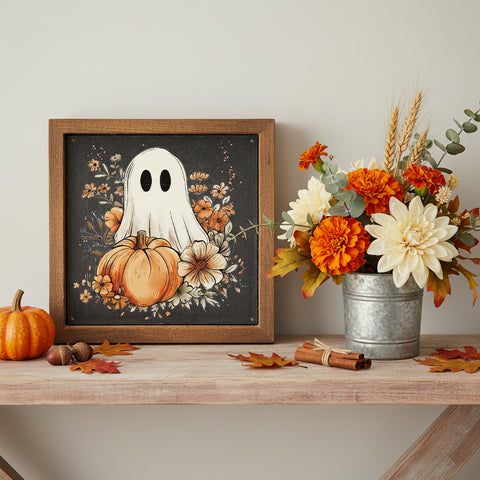 Halloween Ghost with Pumpkin Sign 6x6