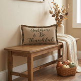 Harvest Blessings Gather & Be Thankful Pillow on a fall-styled farmhouse bench
