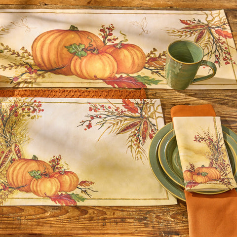 Harvest Dance Fall Table Runner 36" on a wood table with green dinnerware