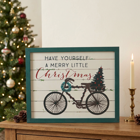 Have Yourself A Merry Little Christmas Bicycle Sign in a Christmas console-table setting