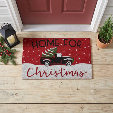 Overhead Christmas porch view of the Home For Christmas Truck Door Mat