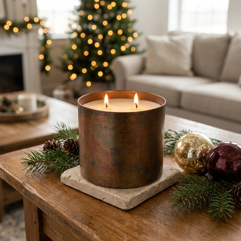 Homestead Medium Tumbler Candle with two lit wicks in a Christmas setting