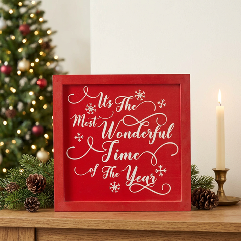 It's The Most Wonderful Time Red Sign in a Christmas console-table setting