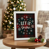 Let It Snow Plaid Wall Hanging Sign displayed on a Christmas side table