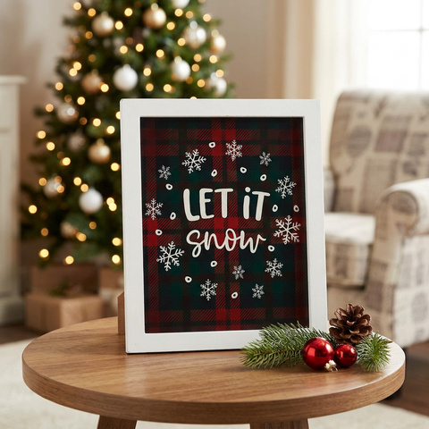 Let It Snow Plaid Wall Hanging Sign displayed on a Christmas side table