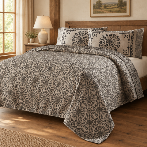 Medallion Black Tan Jacquard Coverlet in a farmhouse bedroom