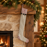Medallion Burgundy Tan Primitive Stocking in a Christmas setting