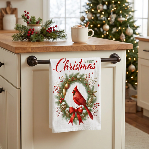 Merry Christmas Wreath Cardinal Bird Flour Sack Towel in a festive farmhouse kitchen