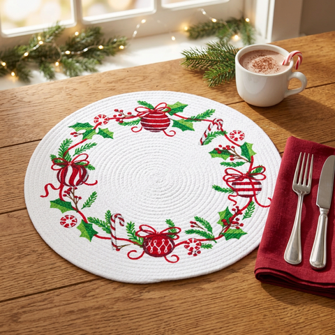 Square Christmas lifestyle image of Merry Nutcrackers Ornaments Braided Placemat