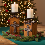 Mission Pillar Candle Holders original photo with Christmas accents