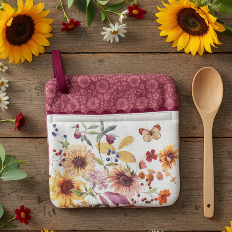Mulberry Bloom fabric pot holder with a floral print and butterfly motif, featuring a dusty rose patterned top section and a purple loop handle, styled on a rustic wooden table with sunflowers, a wooden spoon, and small wildflowers.
