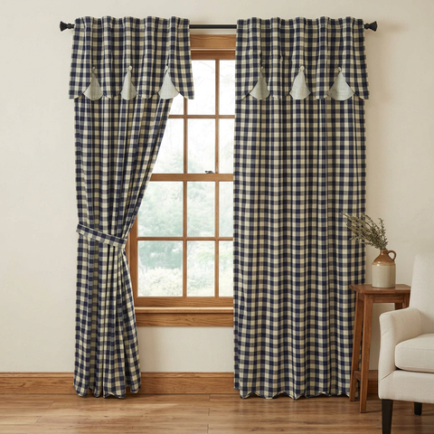 My Country Navy 84-inch Long Panel Curtains in a farmhouse living room