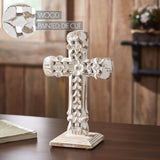 Natural & Distressed White Wooden Cross w/ Rosette Center & Base-Lange General Store