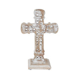 Natural & Distressed White Wooden Cross w/ Rosette Center & Base-Lange General Store