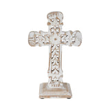 Natural & Distressed White Wooden Cross w/ Rosette Center & Base-Lange General Store