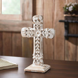 Natural & Distressed White Wooden Cross w/ Rosette Center & Base-Lange General Store