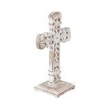 Natural & Distressed White Wooden Cross w/ Rosette Center & Base-Lange General Store