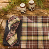 Friar Brown Plaid Cotton Cloth Napkins Set of 4 with moose napkin ring on a wooden surface with moose and bear salt and pepper shakers.
