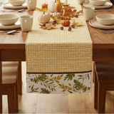 Square fall tablescape featuring the Oak Garland Table Runner