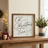 Oh Christmas Tree Holiday Sign in a cozy Christmas console-table setting