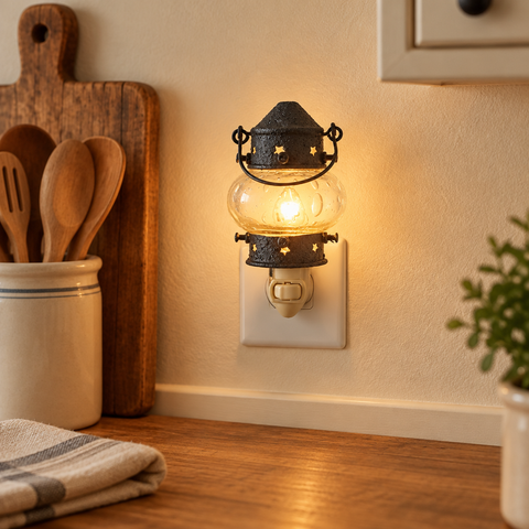 Onion Lantern Night Light in a cozy farmhouse kitchen