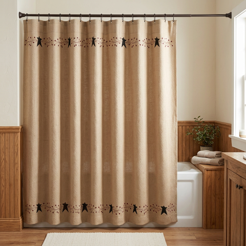 Pip Vinestar Shower Curtain in a cozy farmhouse bathroom