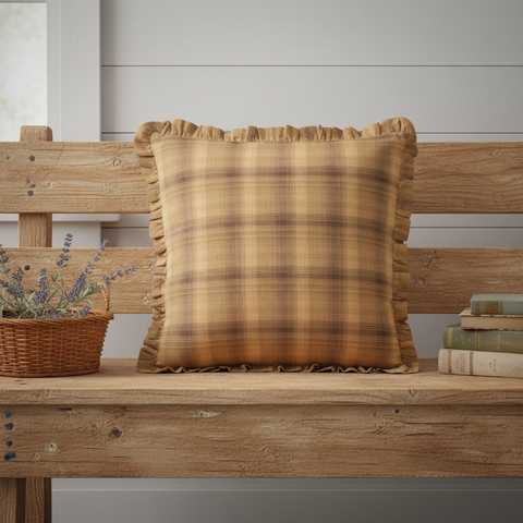 Preston Plaid Ruffled Pillow in a farmhouse setting