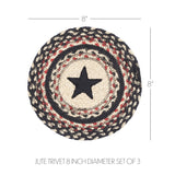 Close-up of Revere braided jute trivet with black star appliqué center and bright red accents